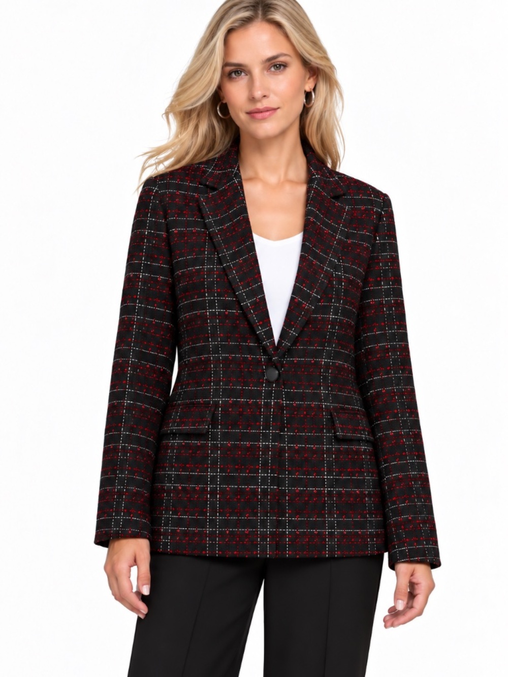 *NEW* Calvin Klein Black Tweed Blazer with Red & White Grid – Size 8